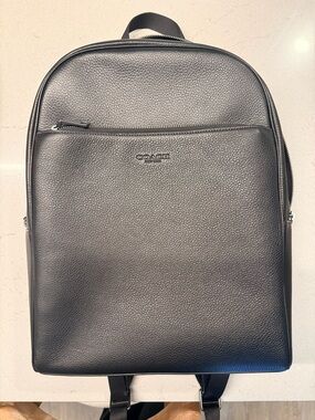 Coach Black Pebbled Leather Backpack with Front Zip Pocket